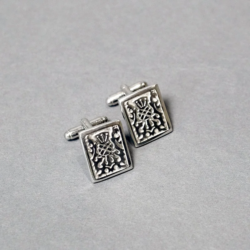 Best cufflinks with gemstone and metal inlays for a colorful and eye-catching design-Rectangular Pewter Cufflinks with Thistle Design