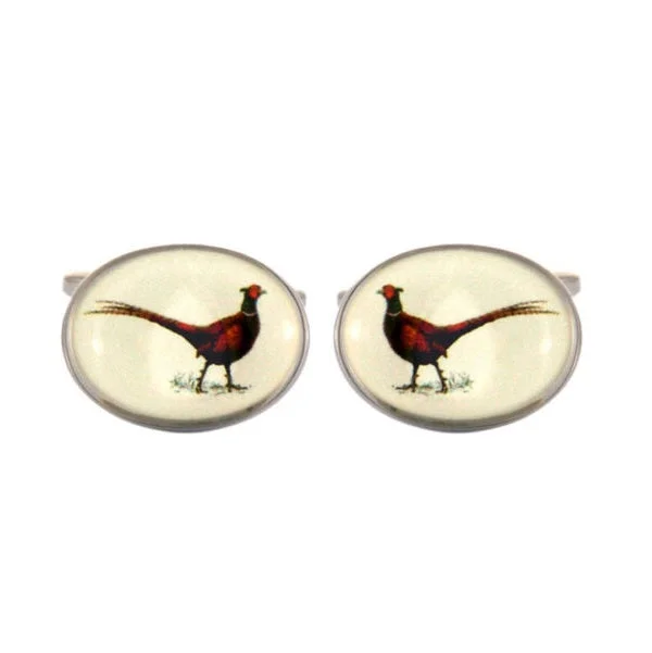 Cufflinks with quirky animal designs for a fun and distinctive style-Pheasant Oval Rhodium Plated Cufflinks 901246