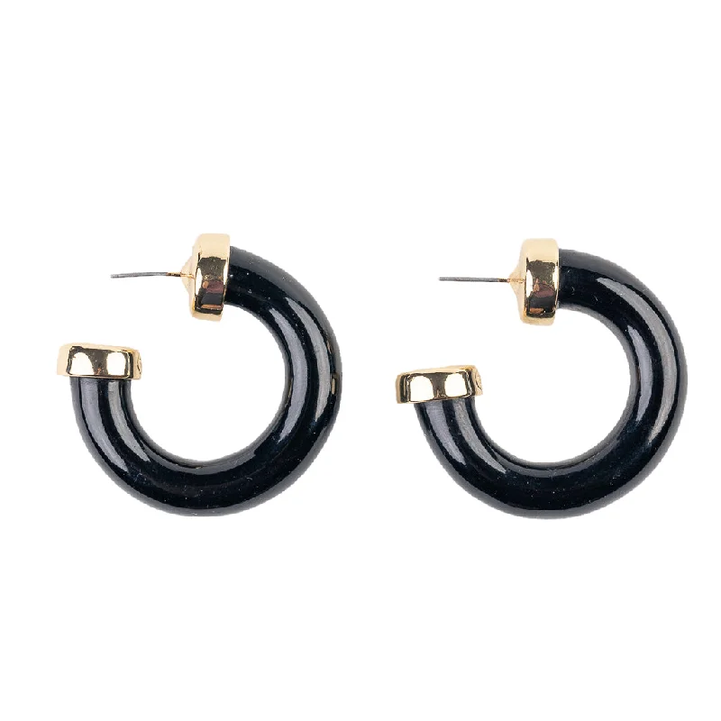 Best hoop earrings with hammered gold for a rustic yet elegant look-Black Polished Hoop Earring with Gold