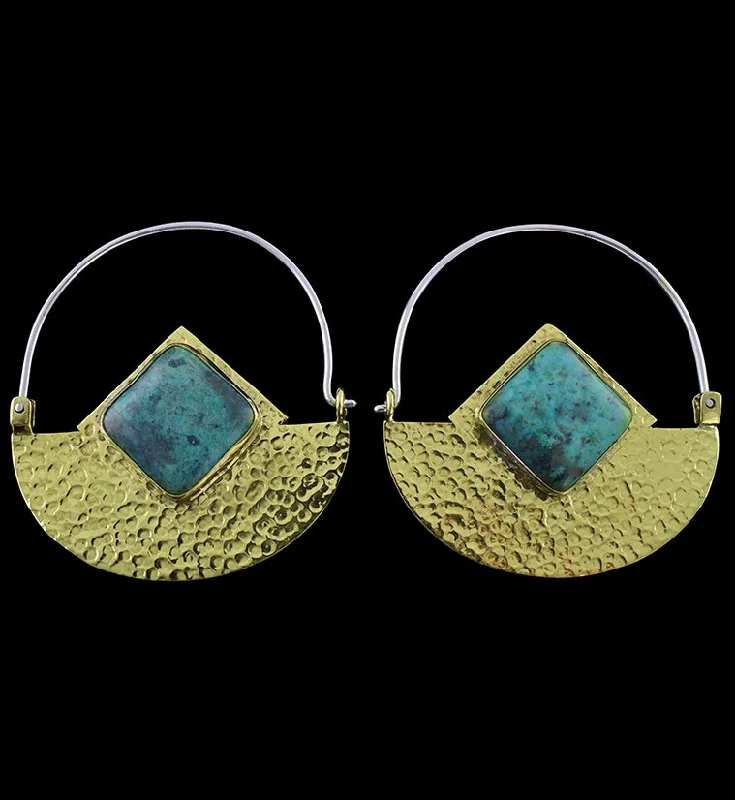 Lightweight hoop earrings for comfortable and all-day wear-14G Acicular Chrysocolla Stone Brass Hangers