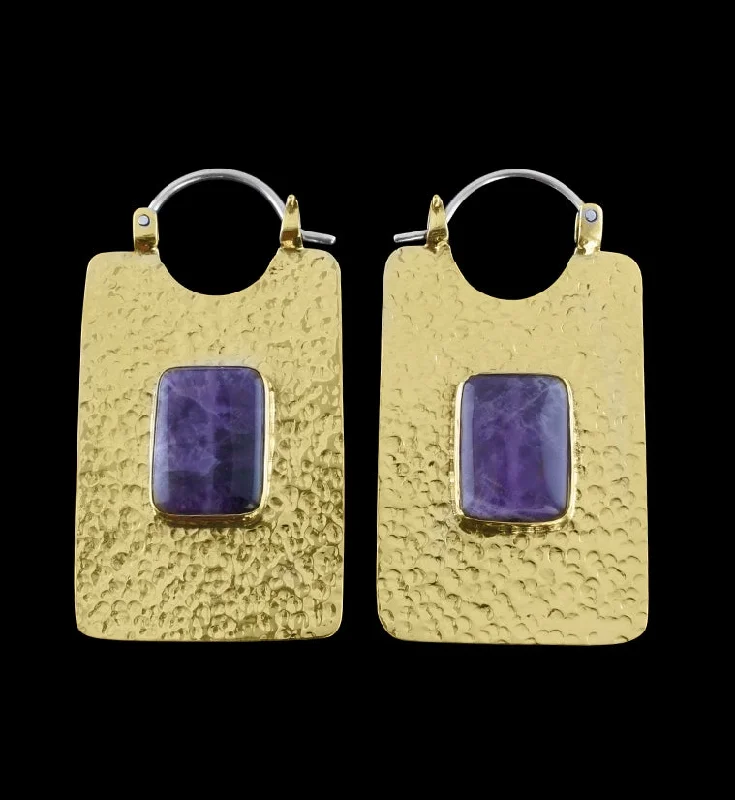 Hoop earrings with dangling charms for a playful and fun look-14G Obverse Amethyst Stone Brass Hangers - Earrings