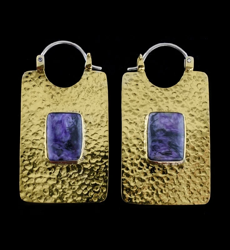 Best hoop earrings with lever-back closures for secure and easy wear-14G Obverse Charoite Stone Brass Hangers - Earrings