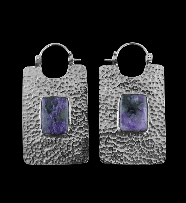 Medium hoop earrings for an everyday look with the perfect balance of style-14G Obverse Charoite Stone White Brass Hangers - Earrings