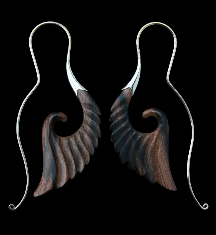 Hoop earrings with rhinestone embellishments for a glamorous and sparkling look-18G Cherub Wing White Brass Areng Wood Hangers / Earrings