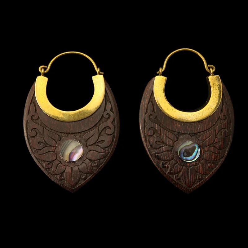 Best hoop earrings with enamel details for a colorful and modern look-18G Nevus Engraved Abalone Wooden Hangers - Earrings