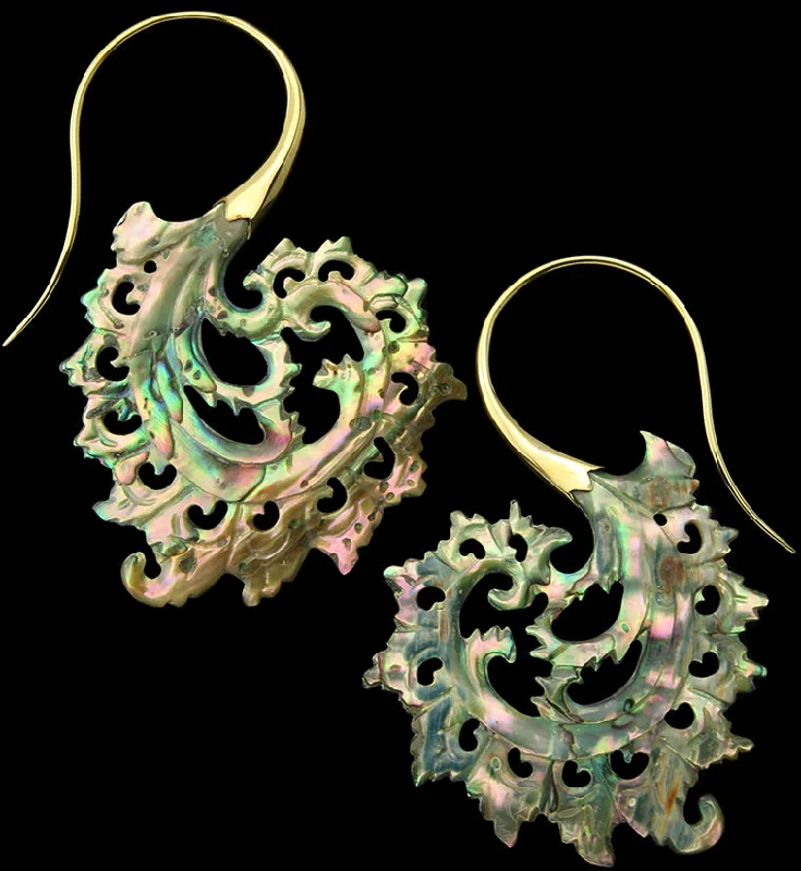 Hoop earrings with twisted leather for a chic and modern boho look-18G Plume Brass Abalone Hangers / Earrings