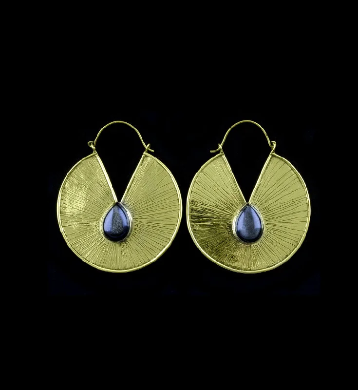 Hoop earrings with diamond-cut surfaces for added sparkle and shine-18G Quoit Disk Teardrop Golden Obsidian Brass Earrings