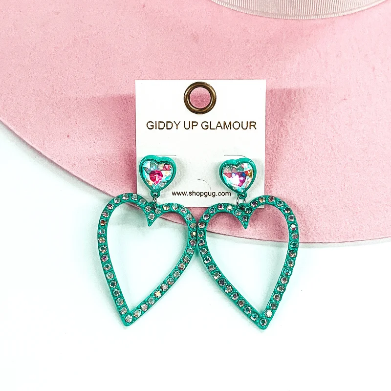 Hoop earrings with enamel stripes for a colorful and eye-catching design-AB Crystal Heart Outline Earrings in Turquoise