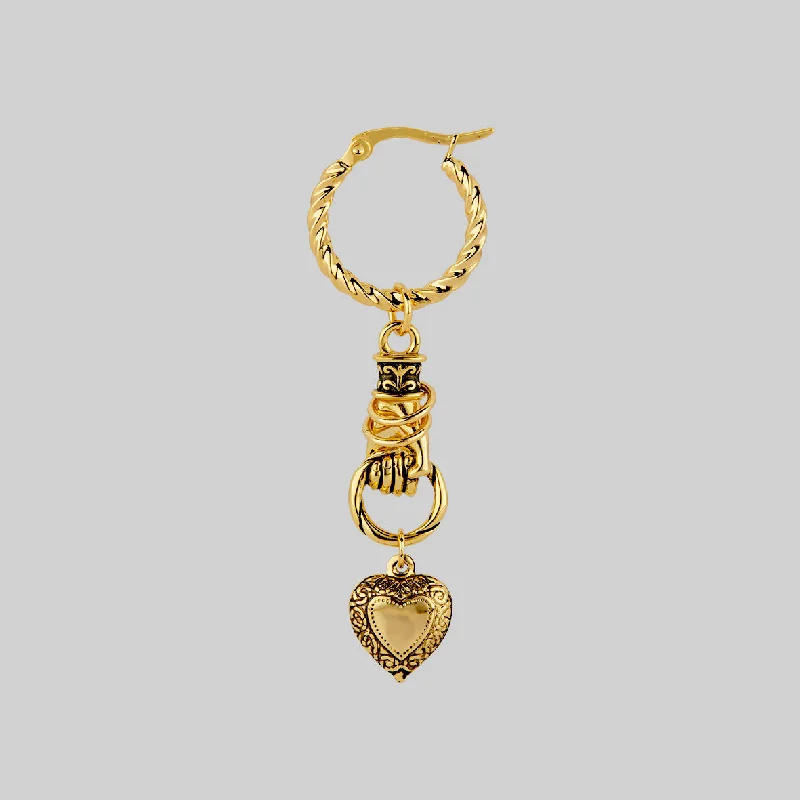 Hoop earrings with braided patterns for a detailed and textured finish-ALL OF ME. Hand Grasping Heart Earrings - Gold