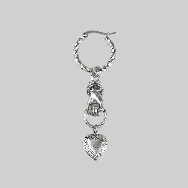 Hoop earrings with dangling charms for a playful and fun look-ALL OF ME. Hand Grasping Heart Earrings - Silver