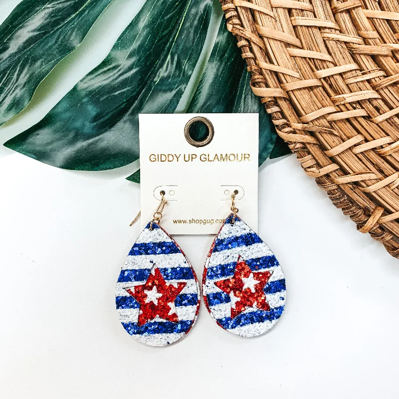 Best hoop earrings with geometric triangle shapes for a modern, chic design-American Flag Teardrop Glitter Earrings with Star Cut Out