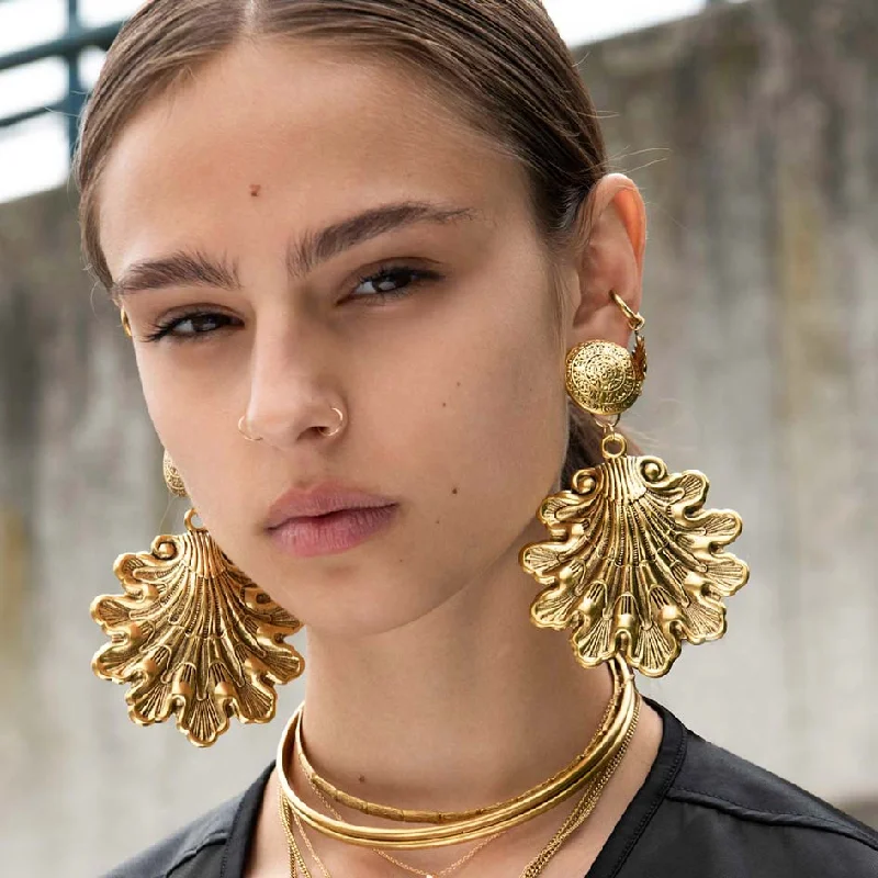 Hoop earrings with a chunky design for a bold and trendy statement-ARIEL. Ornate Shell Statement Earrings - Gold