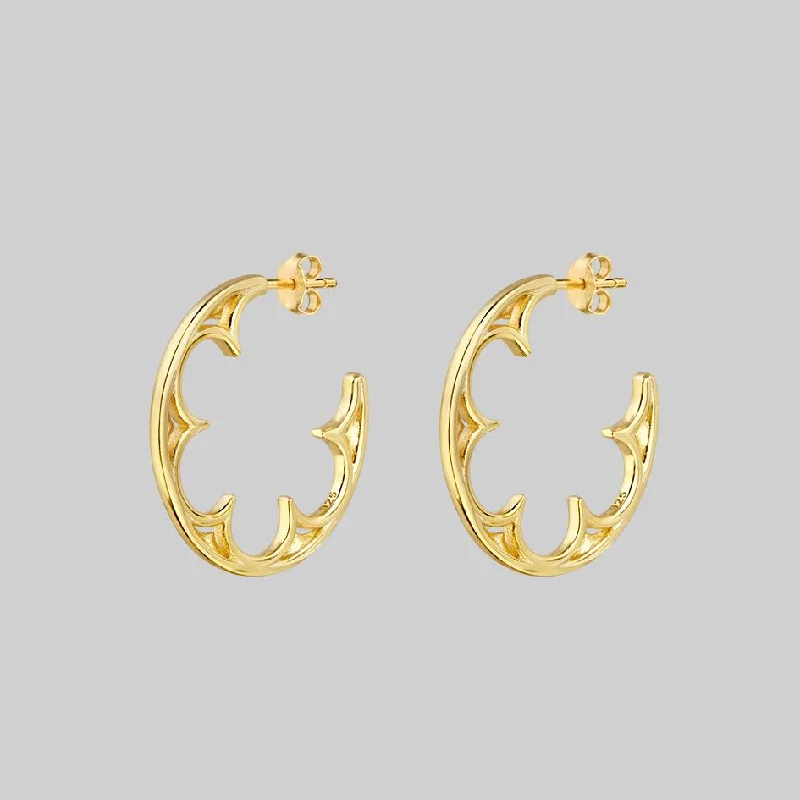 Hoop earrings with colorful beads for a fun and playful vibe-ATONE. Gothic Window Hoop Earrings - Gold