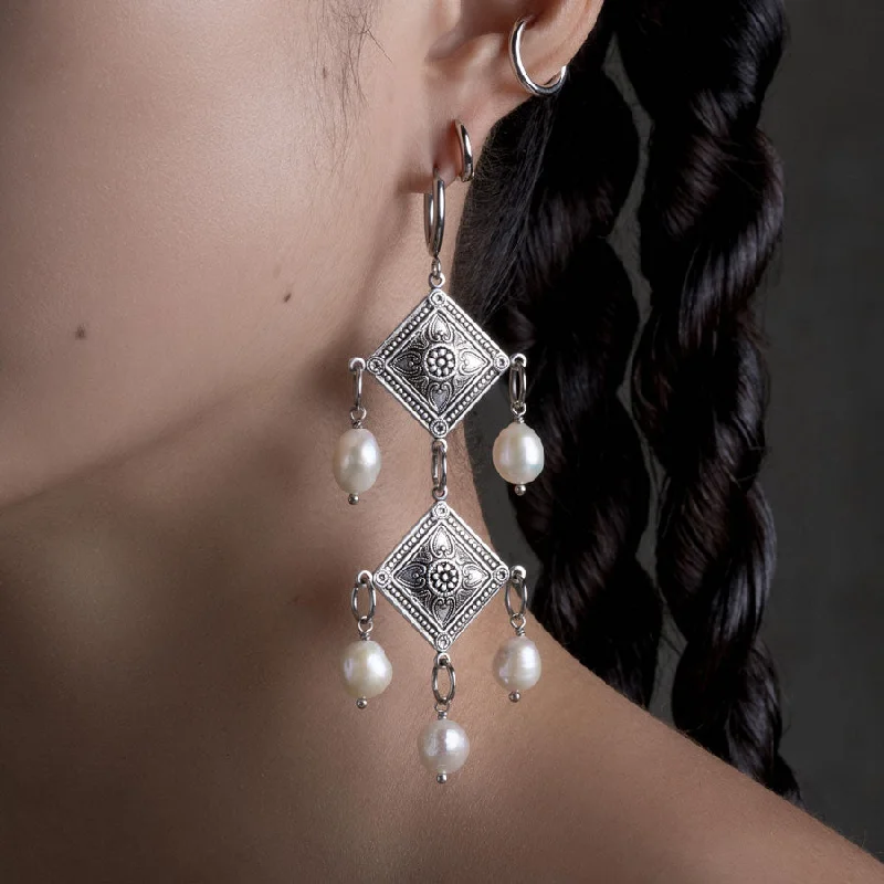 Hoop earrings with leather accents for a sleek and bold combination-BANQUET. Pearl Chandelier Hoop Earrings - Silver