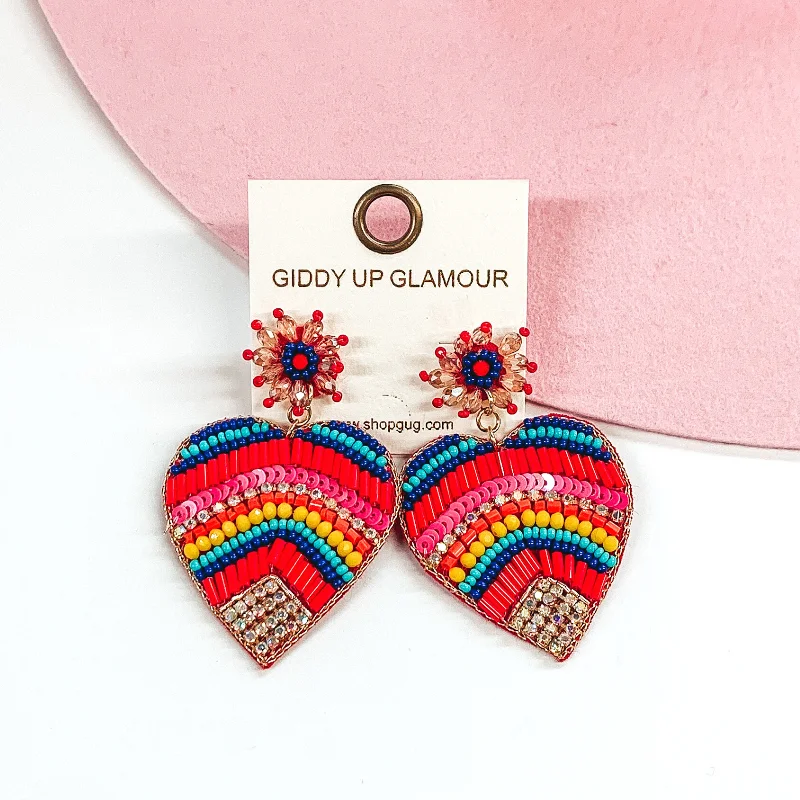 Hoop earrings with colorful beads for a fun and playful vibe-Beaded Heart Earrings in Multicolored