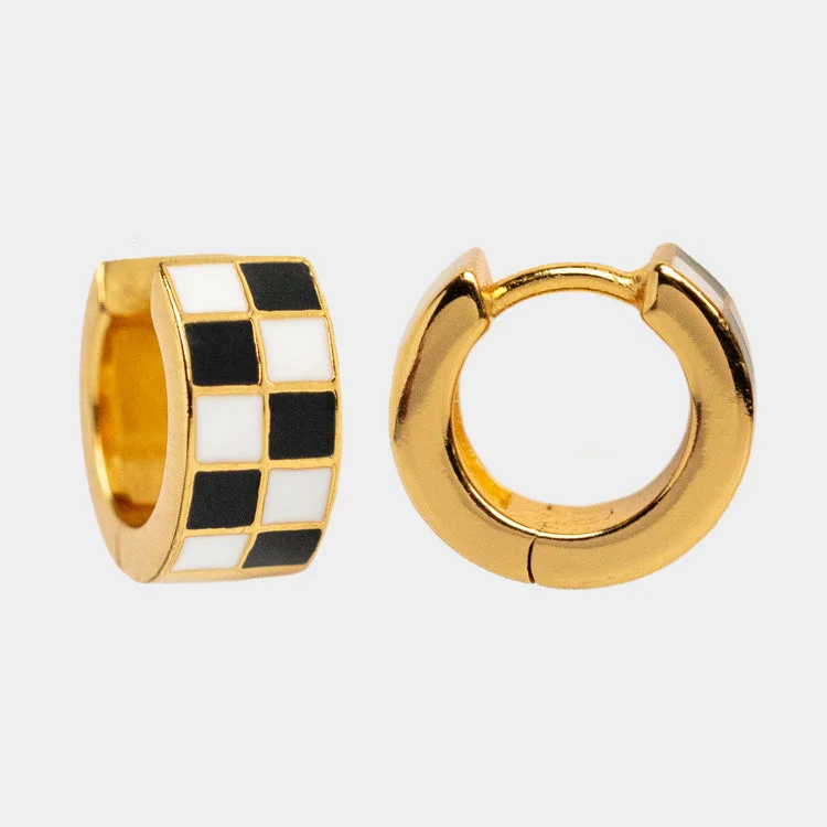 Hoop earrings with crescent moon shapes for a celestial and mystical appearance-Checkered Huggie Earrings