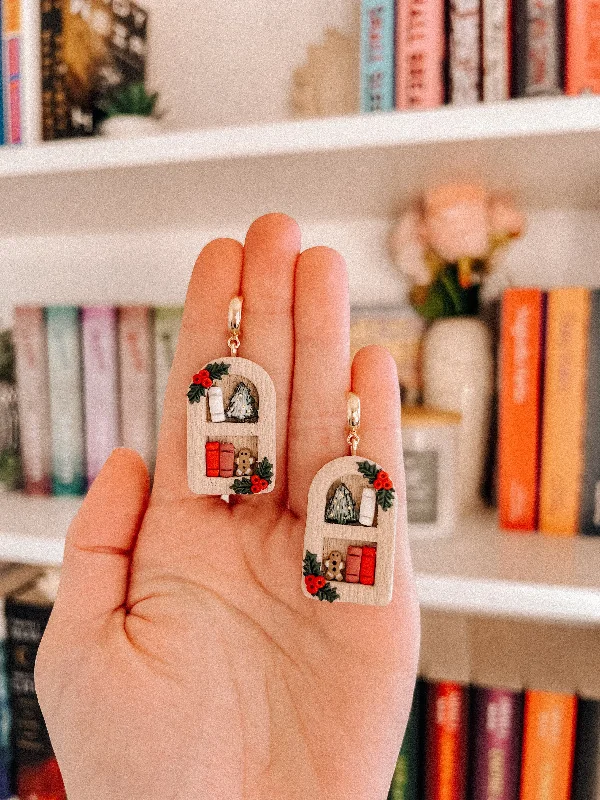 Hoop earrings with dangling charms for a playful and fun look-Christmas Bookshelf Earrings