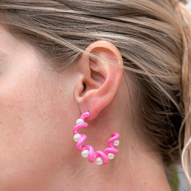 Best hoop earrings with hammered gold for a rustic yet elegant look-Color Coated Pearl Coil Hoop Earrings - Pink