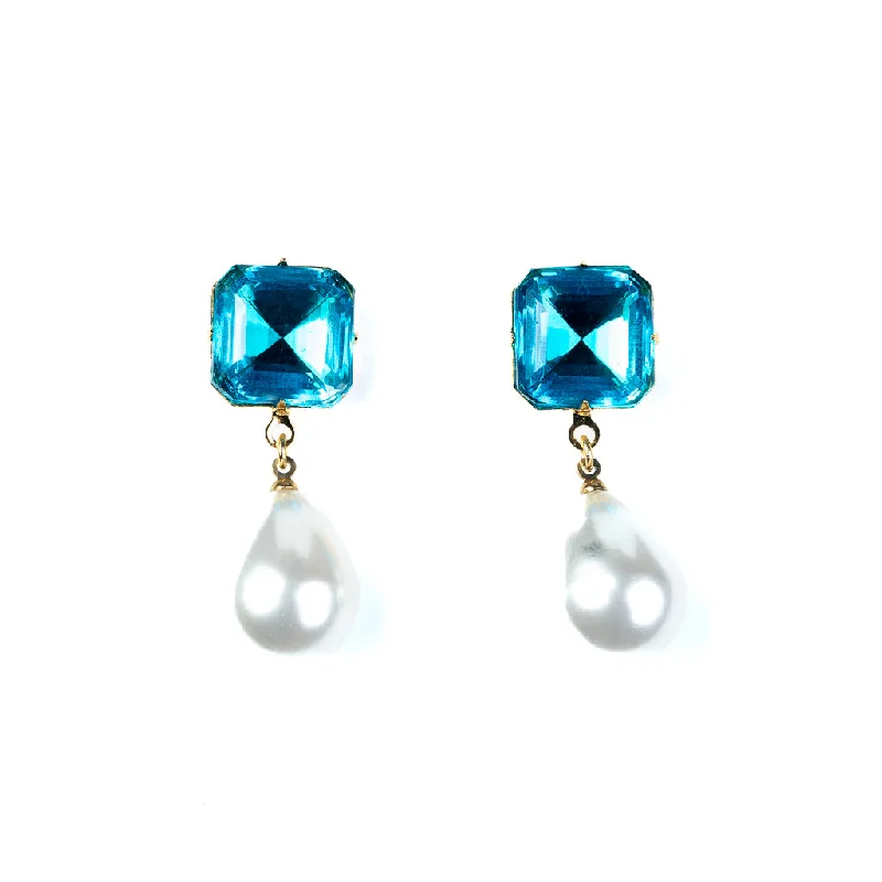 Best hoop earrings with turquoise stones for a bohemian-inspired vibe-Aqua Stone Pearl Drop Pierced Earrings