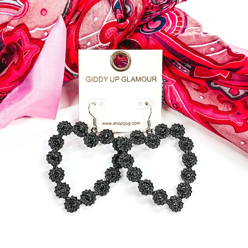 Hoop earrings with braided patterns for a detailed and textured finish-Flower Detailed Open Heart Shaped Earrings with Black Crystals in Black