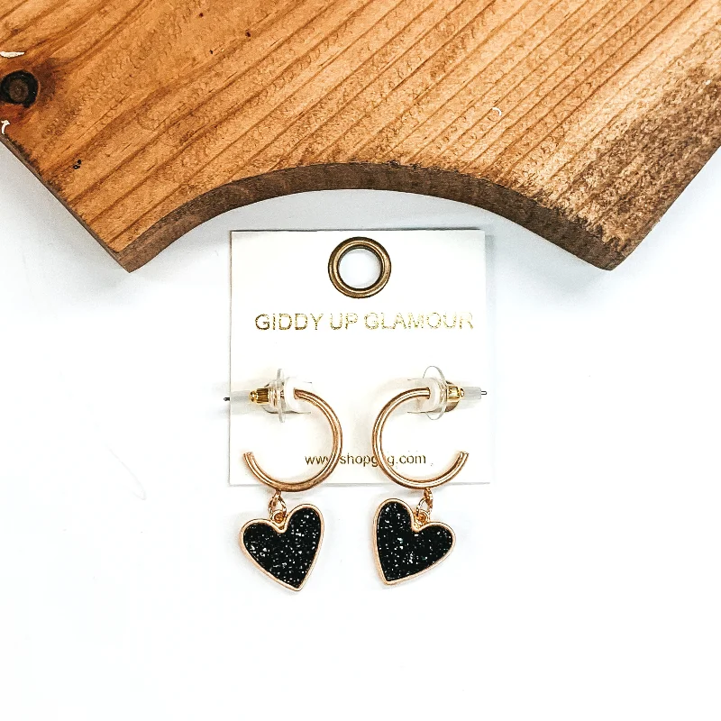 Hoop earrings with faceted crystals for added sparkle and shine-Gold Hoops with Druzy Heart Dangle in Black