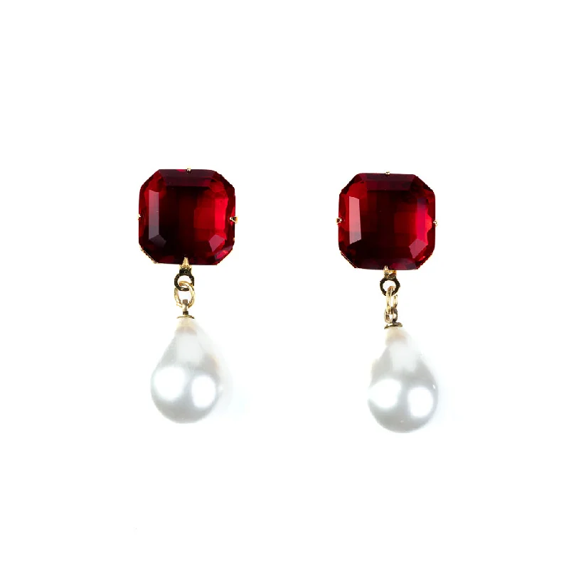 Best hoop earrings with lever-back closures for secure and easy wear-Ruby Stone Pearl Drop Pierced Earrings