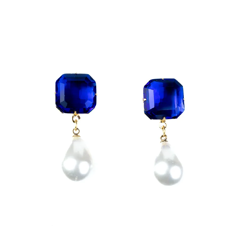 Hoop earrings with pearl accents for a chic and classic style-Sapphire Stone Pearl Drop Pierced Earrings