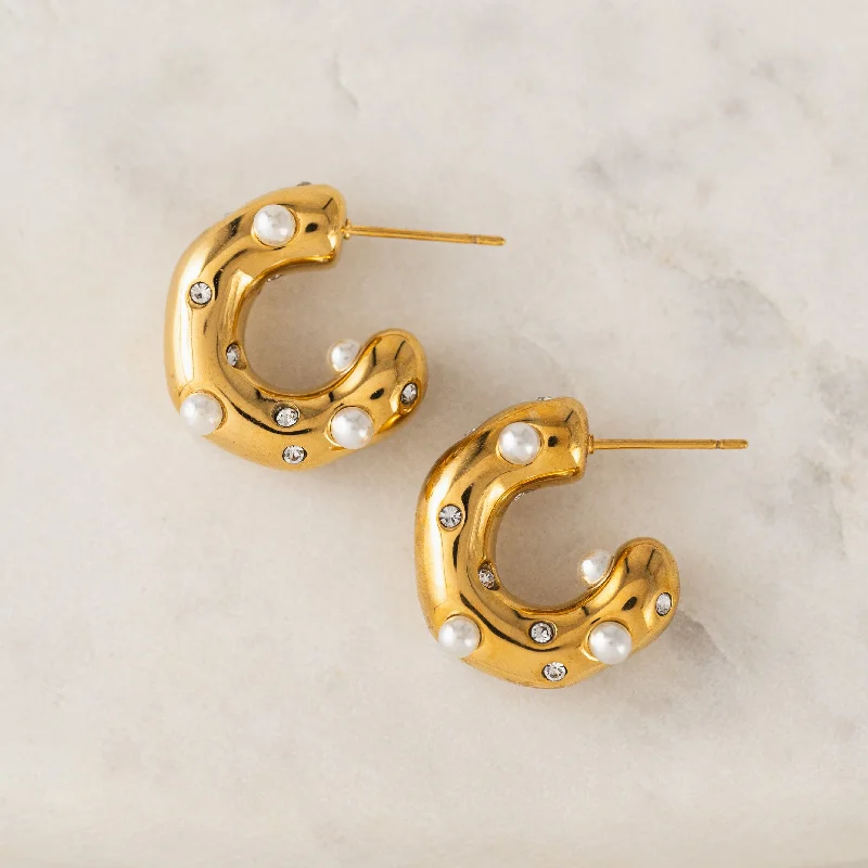 Hoop earrings with twisted leather for a chic and modern boho look-Cove Pearl Hoop Earrings