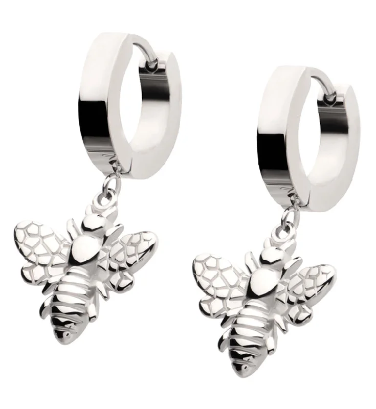 Hoop earrings with pearl accents for a chic and classic style-Dangling Bee Stainless Steel Hoop Huggie Earrings