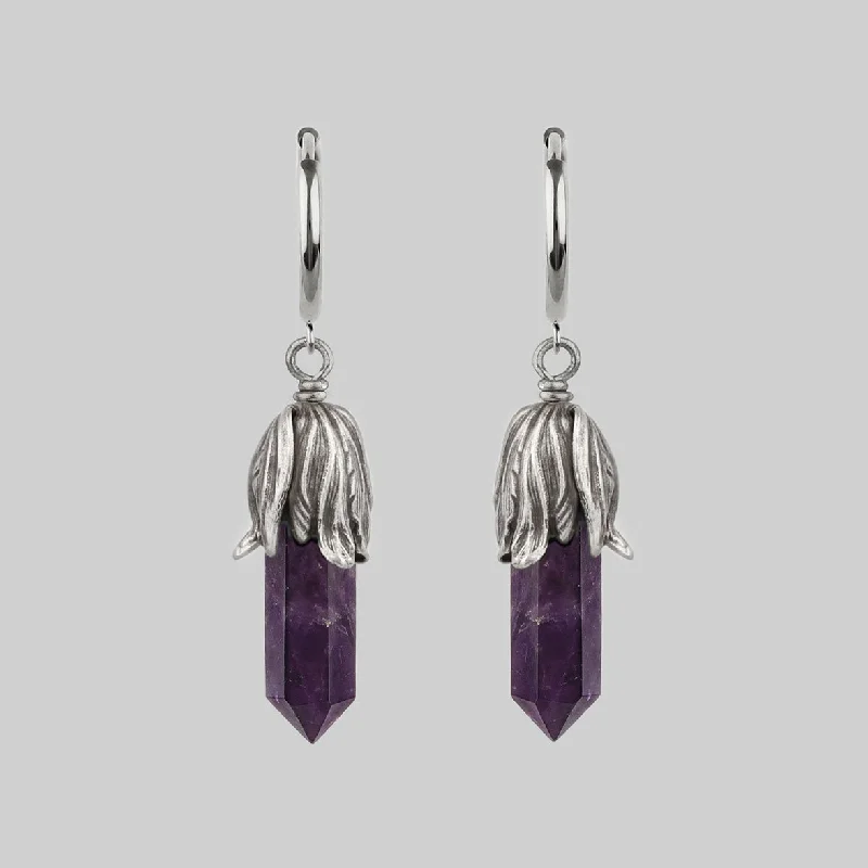 Hoop earrings with luxe velvet finishes for a rich and luxurious touch-DEATH BLOOM. Amethyst Gemstone Hoop Earrings - Silver