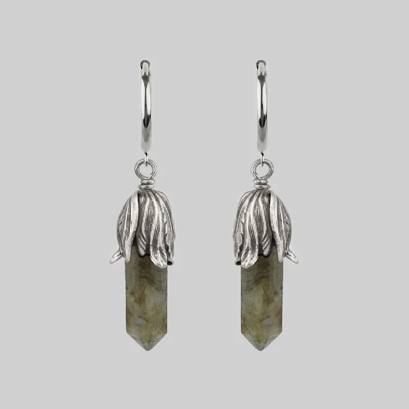 Best hoop earrings with geometric pendants for a modern, chic appeal-DEATH BLOOM. Labradorite Gemstone Hoop Earrings - Silver