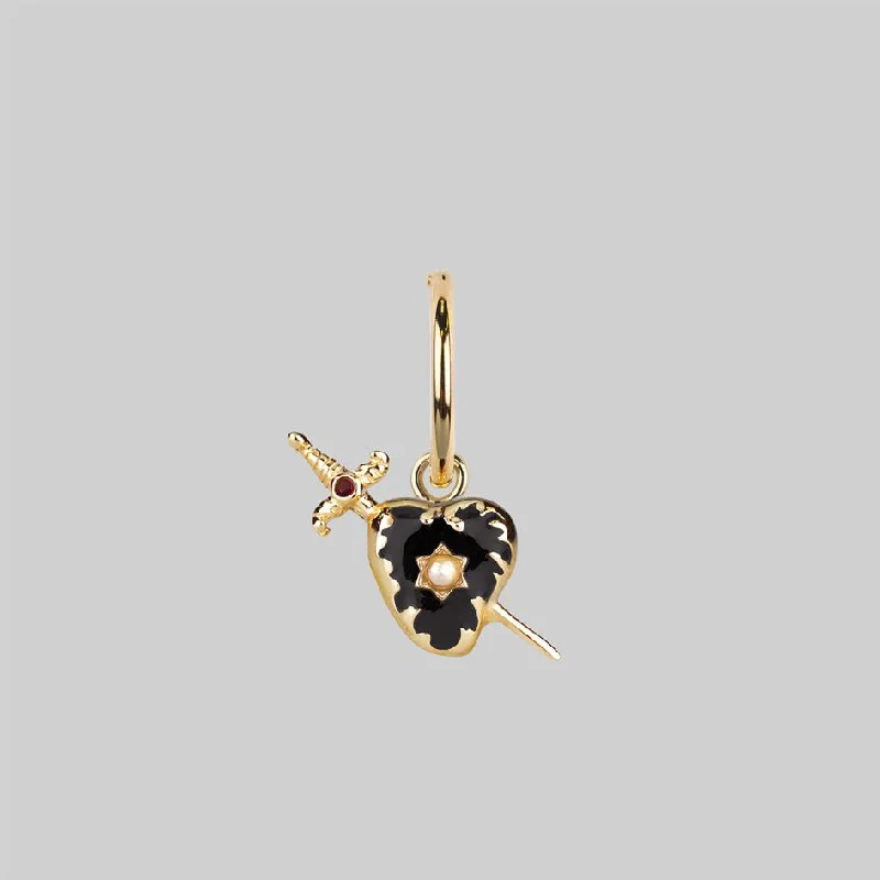 Best hoop earrings with sterling silver for an affordable and chic design-DEVOTION. Black Heart & Sword Hoop Earrings - Gold