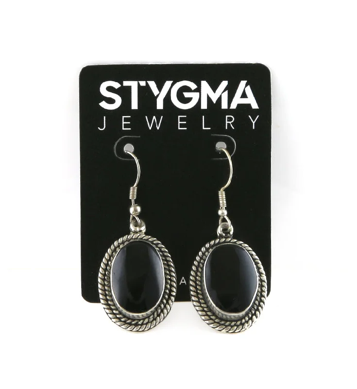 Hoop earrings with textured finishes for a vintage and classic style-Double Threaded Oval Onyx Stone Earrings