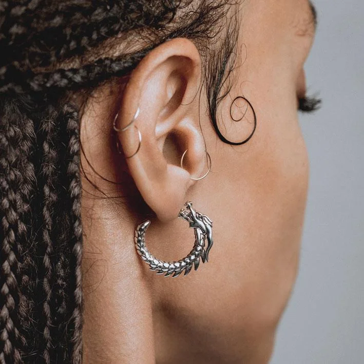 Best hoop earrings with braided leather for a rustic, stylish finish-DRAKE. Dragon Hoop Earrings - Silver