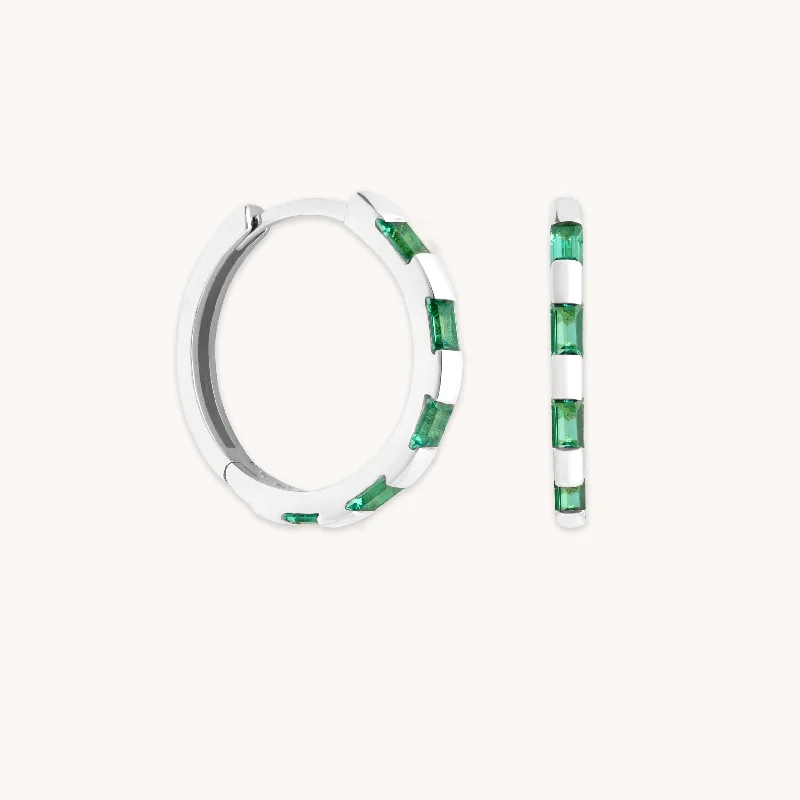 Hoop earrings with textured finishes for a vintage and classic style-Emerald Baguette Hoops in Solid White Gold