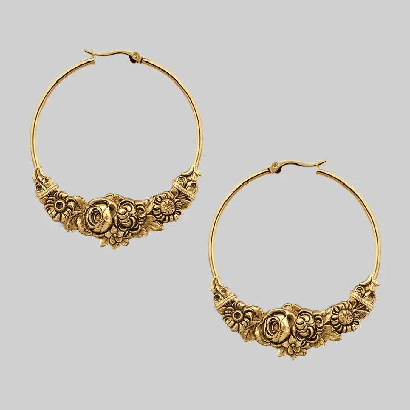 Hoop earrings with oversized designs for a bold, fashion-forward statement-EMINENCE. Romantic Floral Hoop Earrings - Gold