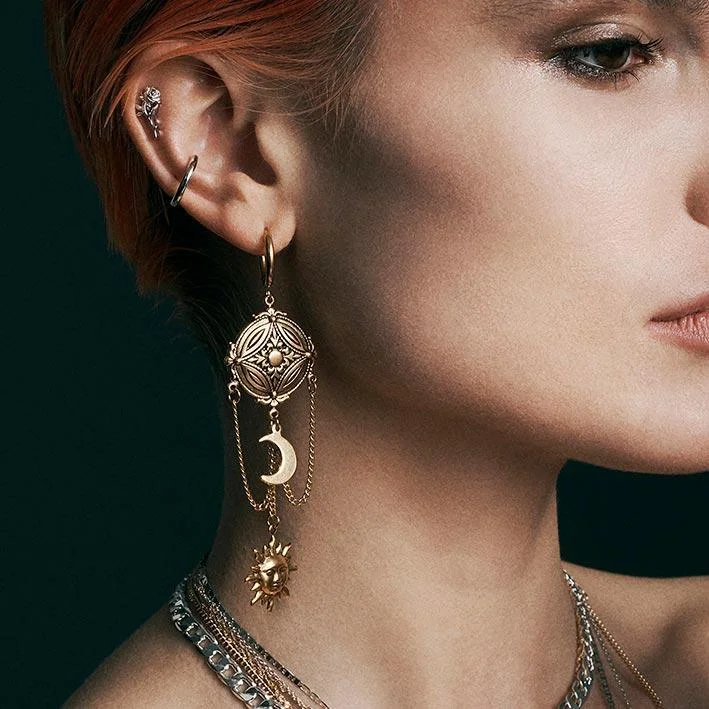 Hoop earrings with dangling charms for a playful and fun look-EQUINOX. Celestial Path Chain Hoop Earrings - Gold