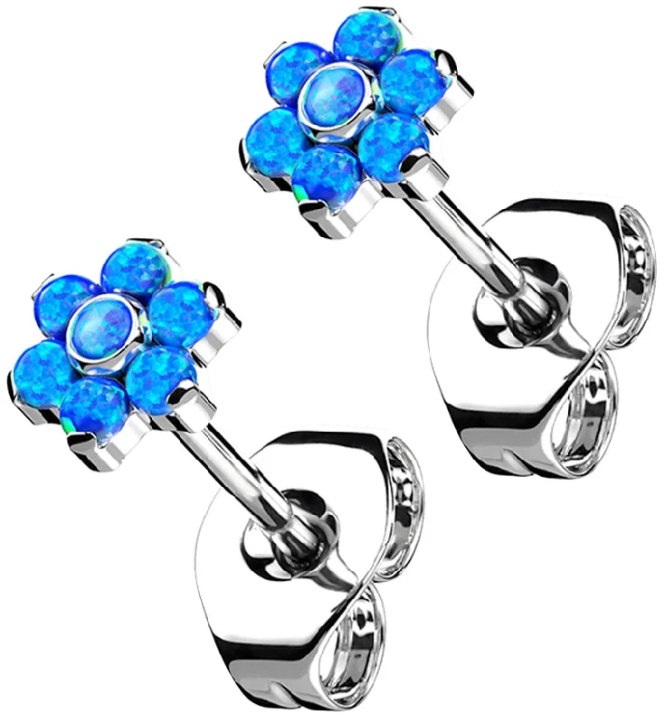 Hoop earrings with open designs for a modern, lighthearted vibe-Flower Blue Opalite Titanium Threadless Earrings