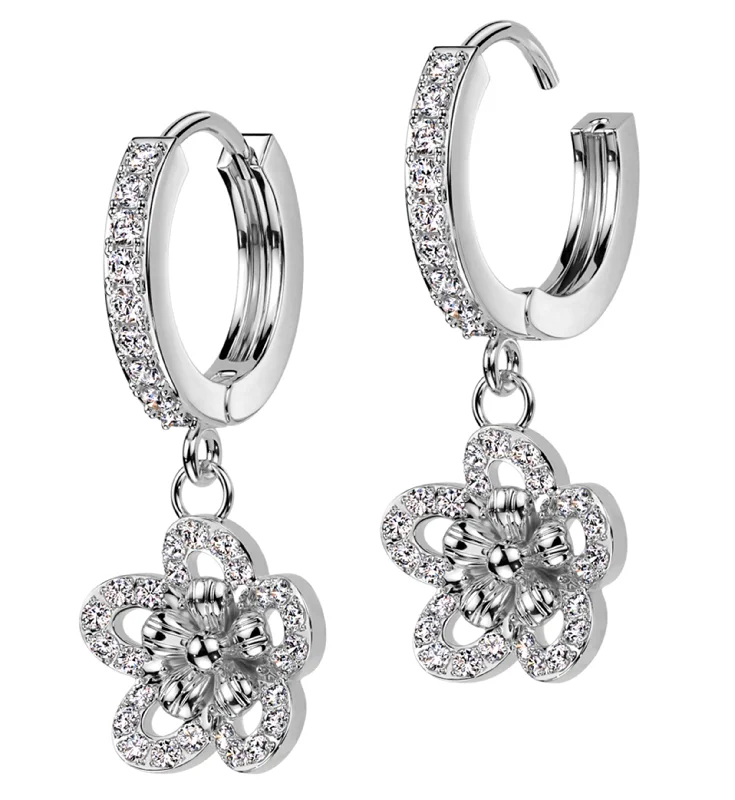 Best hoop earrings with gemstone accents for a colorful and elegant appearance-Flower CZ Stainless Steel Hoop Earrings