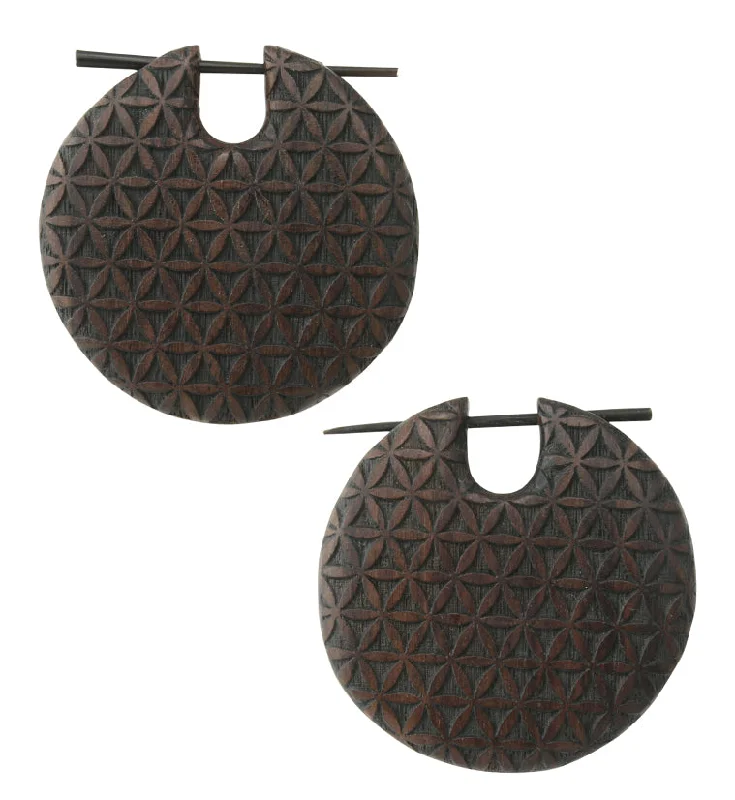 Best hoop earrings with blackened metal for an edgy and bold appearance-Flower of Life Narra Wood Disk Earrings