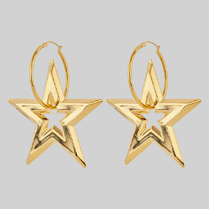 Hoop earrings with stacked layers for a bold and textured design-GLORY. Huge Star Hoop Earrings - Gold