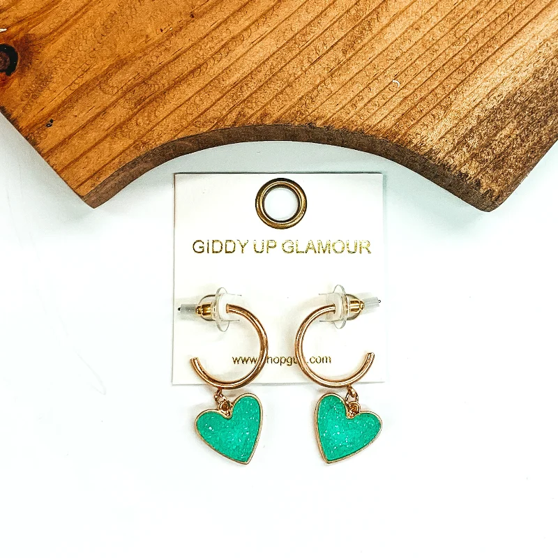 Hoop earrings with gold accents for a warm, elegant statement piece-Gold Hoops with Druzy Heart Dangle in Mint