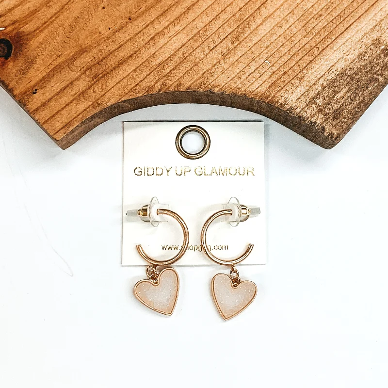 Hoop earrings with oversized designs for a bold, fashion-forward statement-Gold Hoops with Druzy Heart Dangle in White