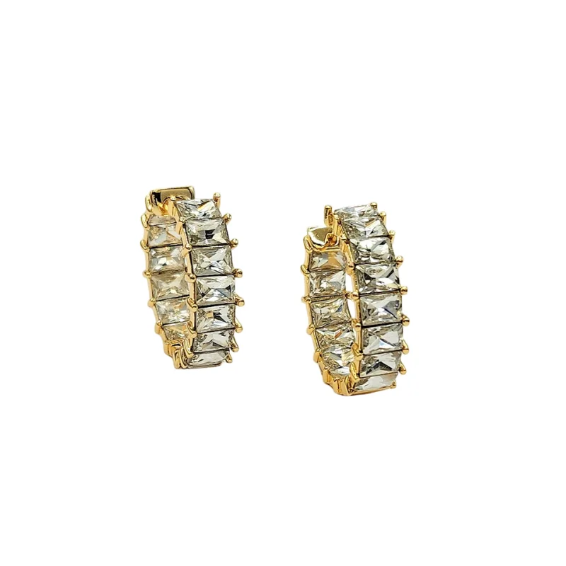 Lightweight hoop earrings for comfortable and all-day wear-Gold With Crystal Baguette Hoop Pierced Earring