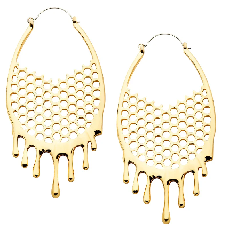 Hoop earrings with rhinestone embellishments for a glamorous and sparkling look-Dripping Golden Honeycomb Stainless Steel Plug Hoops