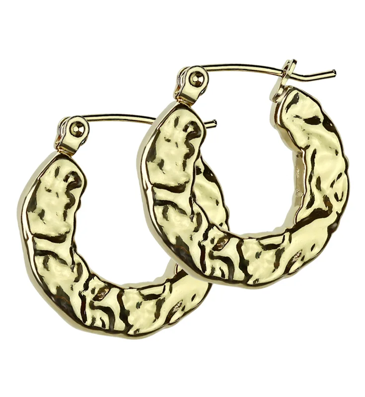 Hoop earrings with infinity loop designs for a continuous and eternal shape-Gold PVD Hammered Hoop Stainless Steel Hinged Earrings