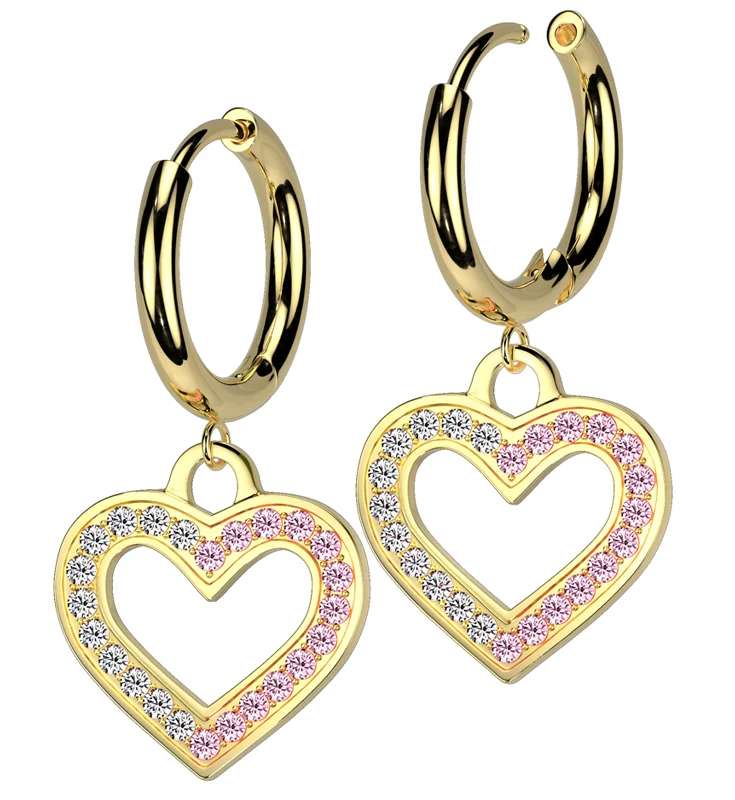 Hoop earrings with oversized pearl accents for a statement-making look-Gold PVD Heart Cutout Clear And Pink CZ Stainless Steel Hinged Earrings