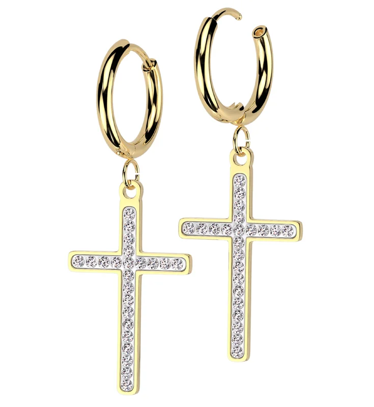 Hoop earrings with cut-out designs for a creative and lightweight effect-Gold PVD White Cross Clear CZ Stainless Steel Hoop Earrings