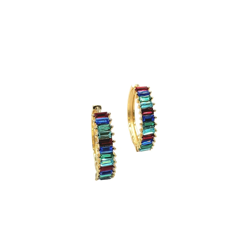 Best hoop earrings with floral designs for a feminine and delicate look-Gold with Multicolor Baguettes Hoop Pierced Earring