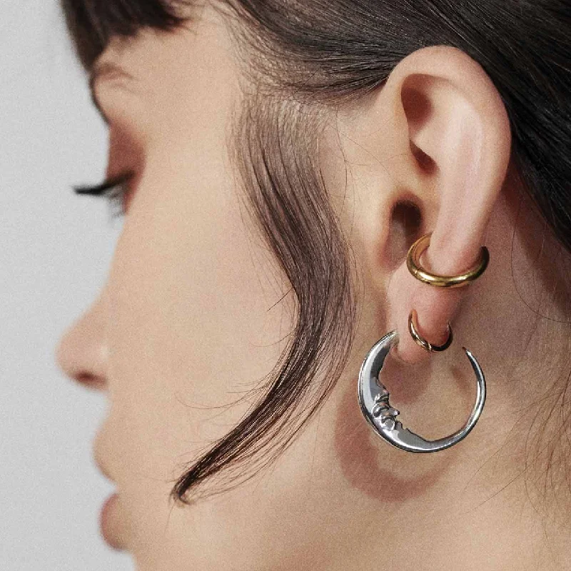 Hoop earrings with twisted leather for a chic and modern boho look-GOOD NIGHT. Man in the Moon Crescent Earrings - Silver